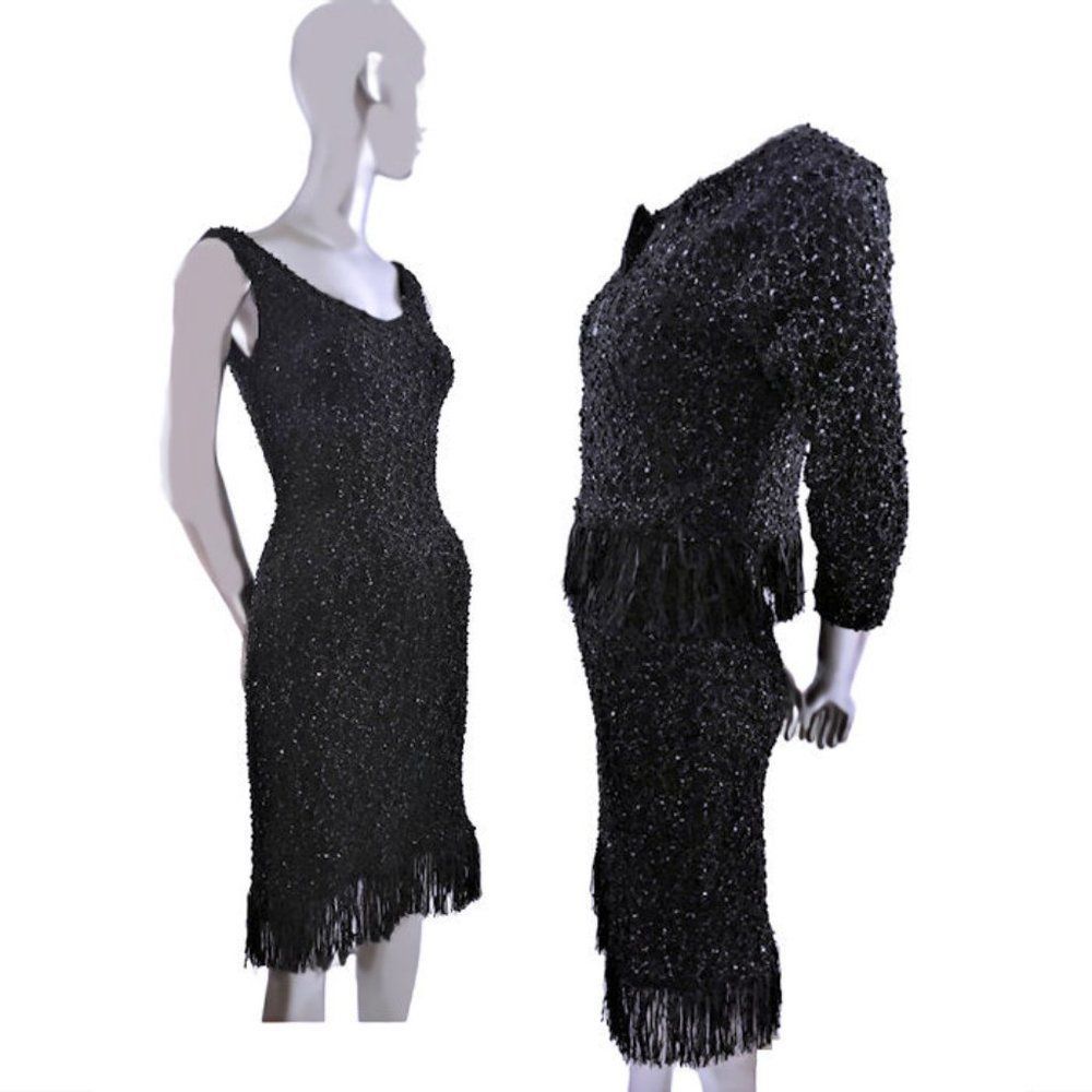 FRANK LYMAN 2-pc Knit Cardigan & Dress w/Fringe and Sequins